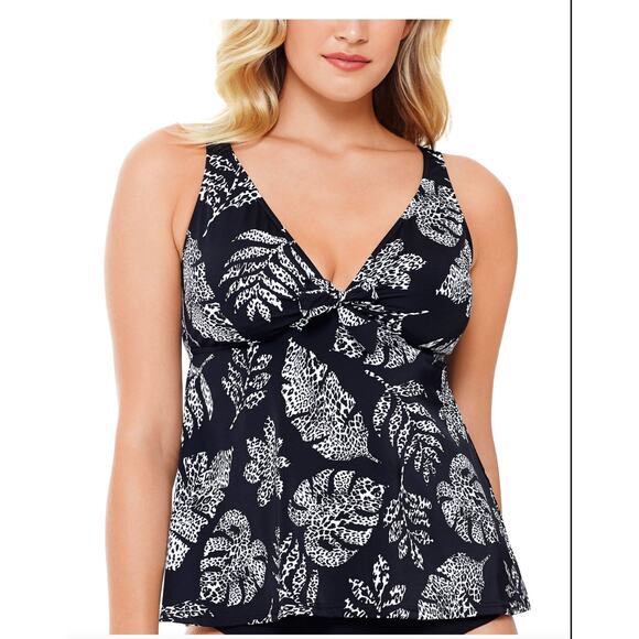 Swim Solutions Spotted Leaves Underwire V-Neck Tankini Swim Top Black 8 NWT - Picture 1 of 6